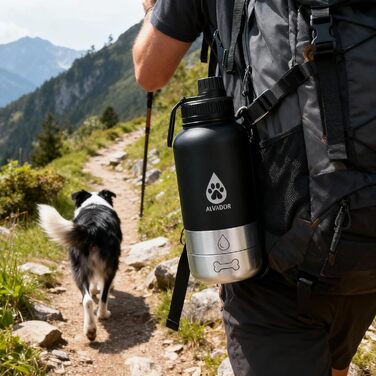 Водяна пляшка для собак на 1000 мл з нержавіючої сталі, 4-в-1, з місткою та мискою для корму, витокозахисна, без BPA, аксесуар для прогулянок та походів (чорна)