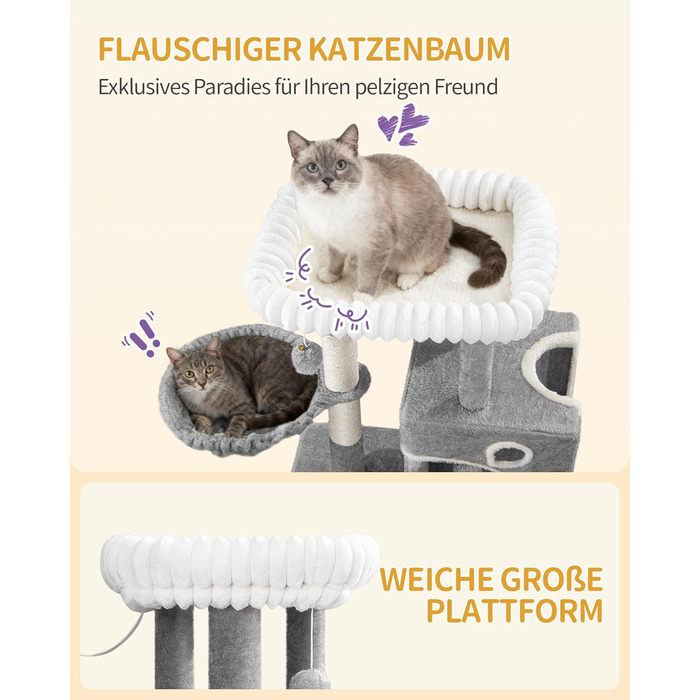 Кігтеточка для котів Hzuaneri, 98 см, з платформою, іграшками та кігтедраперами, сіра
