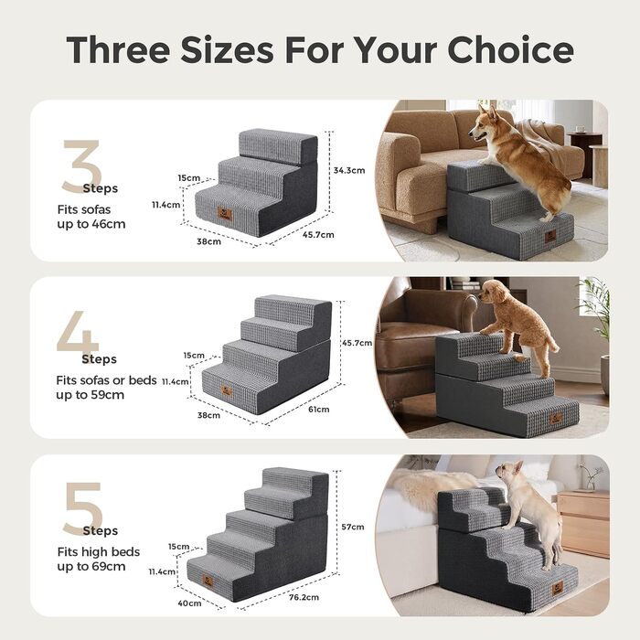 Сходи для маленьких собак Sytopia, 5 ступенів, з пінополіуретану Memory Foam та кукурудзяного оксамиту, сірі (висота 57 см)