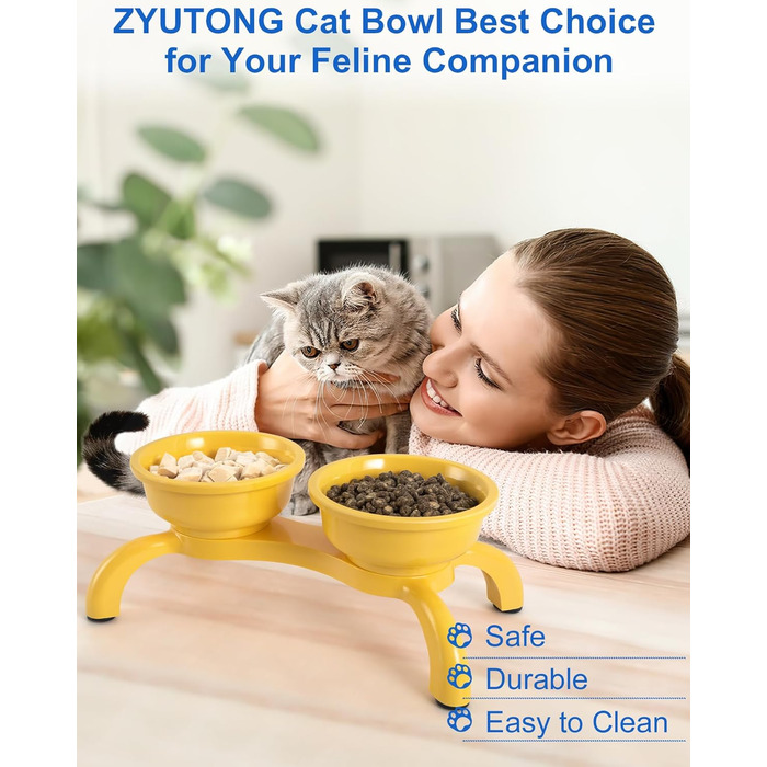 Набір мисок для котів з підняттям 2 шт. - Незламні миски для котів, автоматичне годування з меламіну, миється в посудомийній машині, широка основа з протиковзкими ніжками, миски, зручні для вусів, жовті Double