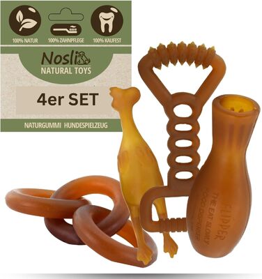 Набір іграшок для собак Nosli Natural Toys, 100% натуральний каучук, для догляду за зубами, жування, міцні для апортування та перетягування, для малих і великих порід, інтелектуальні та фітнес-іграшки, 4 шт.