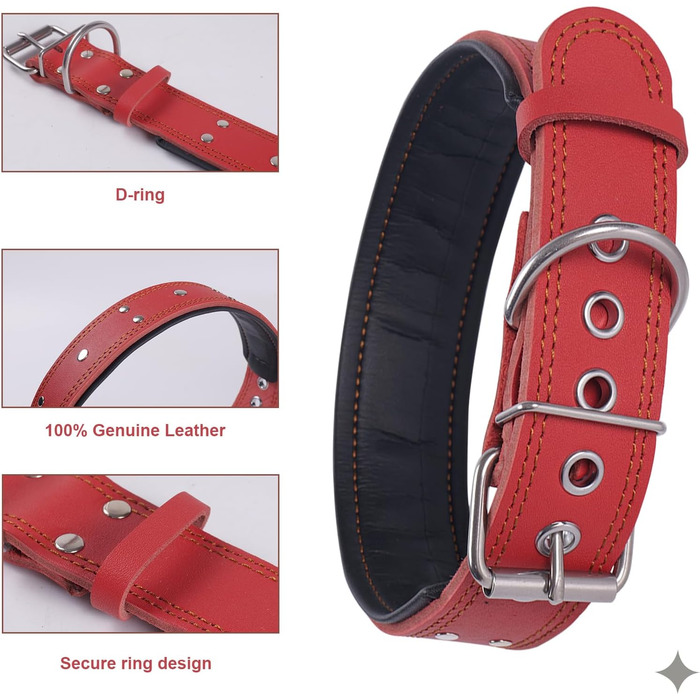 Нашийник для собак з натуральної шкіри, XL, червоний. Товстий, м'який, 5 см, для середніх та великих порід