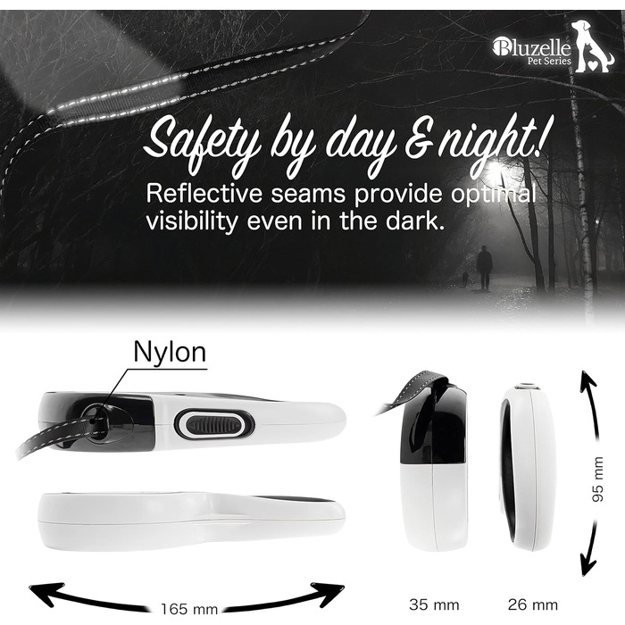 Рулетка для собак до 20 кг Bluzelle з відбиваючими смугами, металевим карабіном, надійним гальмом та зручною ручкою, розмір S