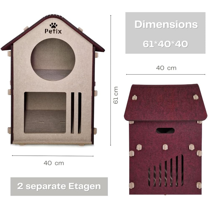 Будиночок для котів XXL Petix Sweet Home 61×40×40 см, бежевий – котяча хатка-ліжко для сну, ігор і схованки, для великих котів, інтер'єрний