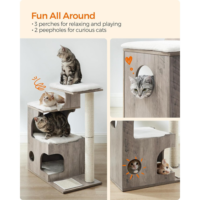 Котячий комплекс Feandrea WoodyWonders UPCT070G01, 86 см, сучасний котячий будинок-турнікет з 3 сидіннями, кігтеточка, мат, будиночок, 4 знімні пральні подушки, сіро-білий