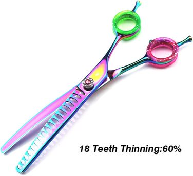 Професійна витончена ножиці для грумінгу собак 7 дюймів, 440C сталь, витончена клинка, для розрідження шерсті, 45% розрідження, кольоровий дизайн 'Райдужна рибка'