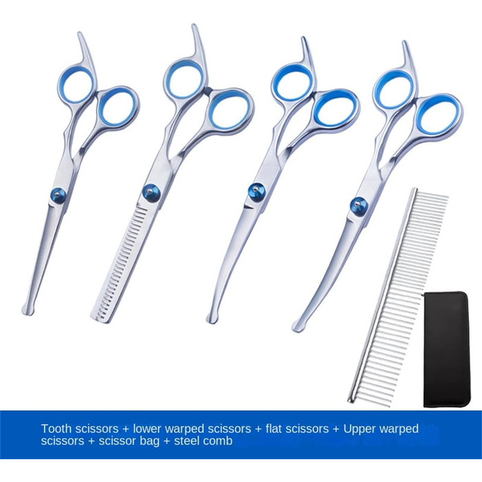 Набір професійних ножиць для собак, 5 в 1, з нержавіючої сталі, для грумінгу собак, котів та інших домашніх тварин. Включає: ножиці для фінішу, 2 вигнуті, 1 пряма, гребінець для грумінгу. Для догляду за всім тілом, обличчям, носом та вухами.