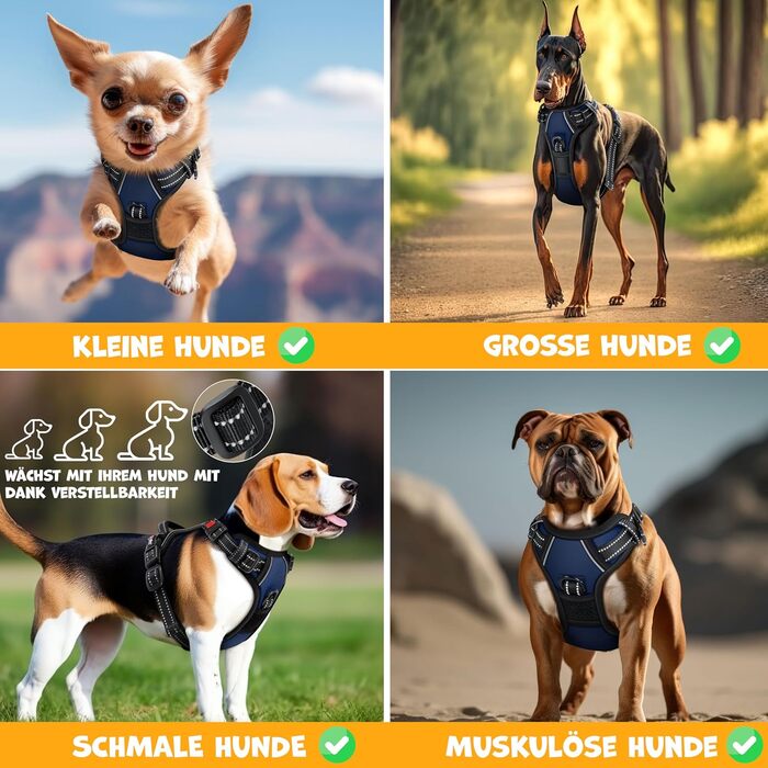 Шлейка для собак LOVPET® без натягу та тяги для маленьких собак та цуценят, дихаюча та м'яка, світловідбиваюча | Безперетягувальна шлейка з ручкою та рулонами для відходів | Регульована шлейка Navy Blue - L Navy Blue