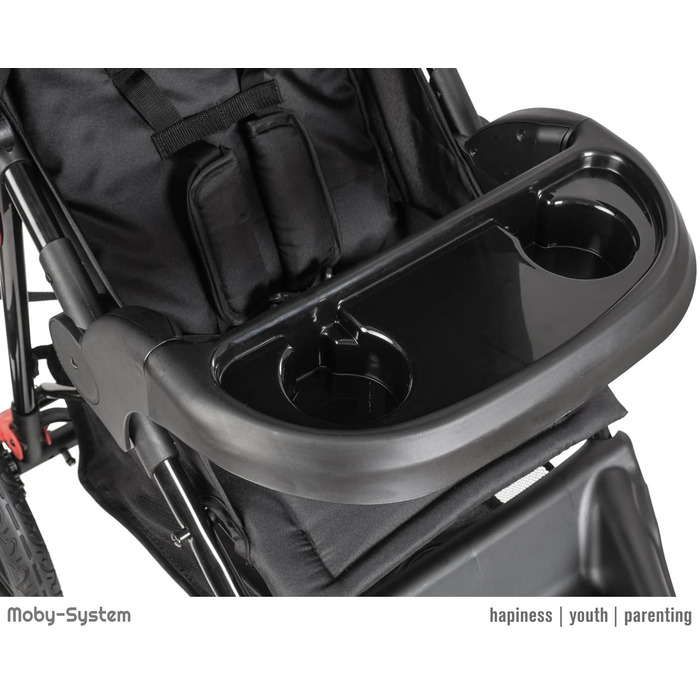 Дитяча коляска Moby-System Runner Mountain 3-колісна з дощем, вантажопідйомність 15 кг, комплект аксесуарів, 5-точкова система ременів, відбивачі, віконце та кошик для речей - Чорний