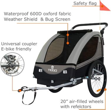 Дитячий причіп Tiggo S2 2-в-1 з підвіскою та поворотним з'єднанням 360° (Сірий)