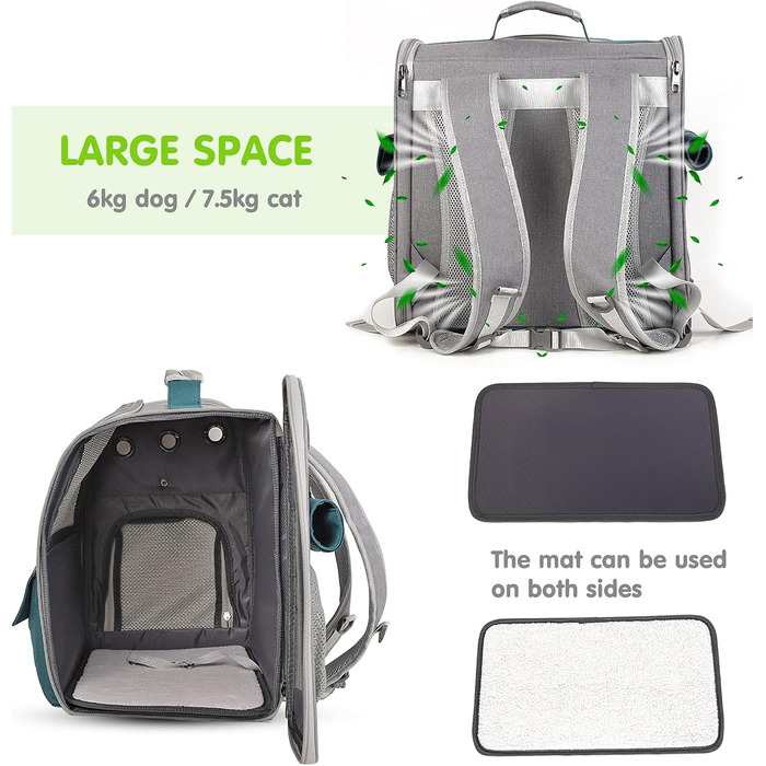 Рюкзак для тварин PETCUTE: переноска для собак та котів, знімний килимок, безпечний ремінь, зелений