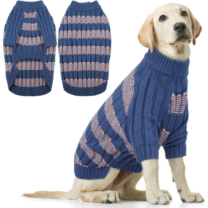 Синій теплий в'язаний пуловер для собак великих порід з отвором для повідка, розмір XXL (14,5–24,5 кг)