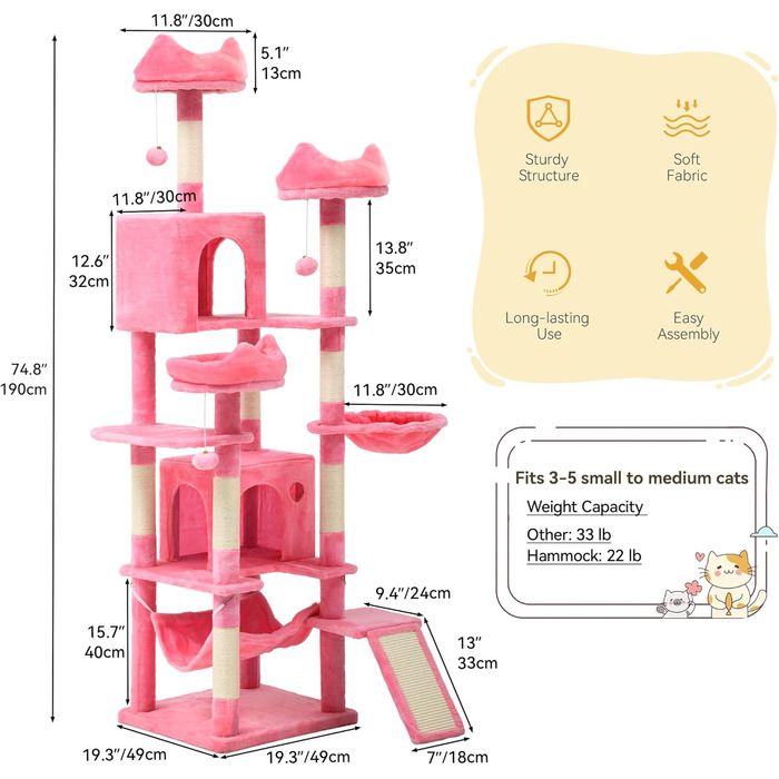 Кігтеточка YITAHOME для котів, велика, 190 см, з 8 стовпів з сизалю, 3 платформи, 2 печери, кошик, гамак, м'ячики, дошка для шліфування кігтів, рожева