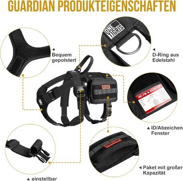 OneTigris шлейка для собак Guardian з 3 D-кільцями з нержавіючої сталі та великою сумкою, безпечна амуніція для середніх і великих собак