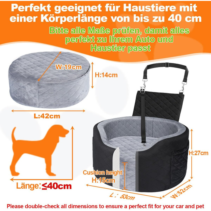 Автокрісло для собак - чорне автокрісло-бустер для маленьких собак з 28D Memory Foam, неслизький водонепроникний підкладка, переноска для подорожей з кишенями для зберігання та ковдрою, сірий (01-Чорний)