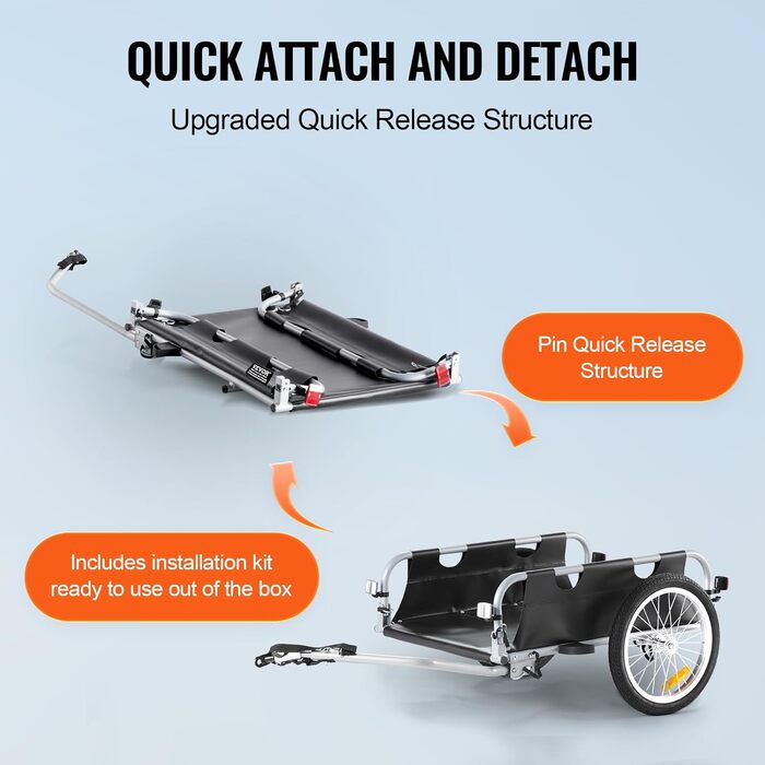 VEVOR Причіп для велосипеда, вантажопідйомність 88/100/72,6 кг, складаний, компактний, з універсальною муфтою, алюмінієвий каркас