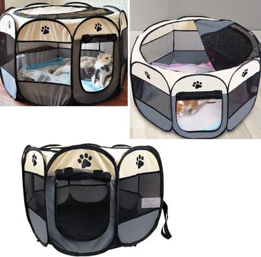 Переносний розкладний вольєр для тварин Coolty, 8-панельний, для собак, котів, кроликів та дрібних тварин, 91 x 91 x 58 см (Бежевий + Сірий)