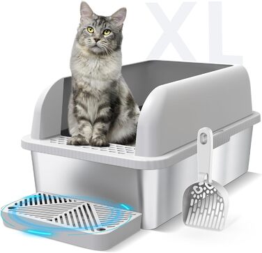 Закритий котячий туалет XXL 37 л з нержавіючої сталі з кришкою, високі стінки, антипригарний, герметичний, легкий у догляді