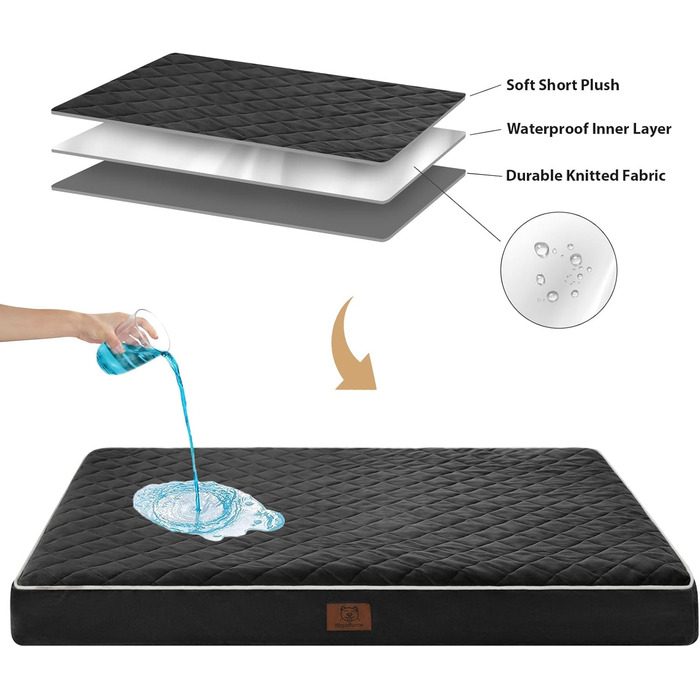 Ортопедичне собаче ліжко WNPETHOME XL, водонепроникне, велике, знімний, пральний чохол та антиковзаюча основа. Матрац з пінопласту у формі яєчних коробок. Розміри: 104x69x10 см (Чорний)