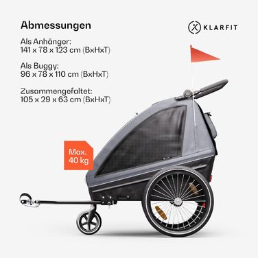 Klarfit GoKiddo: Дитячий велопричіп для 2 дітей - 2-в-1 (велопричіп та візок) з гальмами, ременями безпеки, регульованими сидіннями, 40 кг вантажопідйомністю, захистом від дощу та UV-променями, складаний, темно-сірий