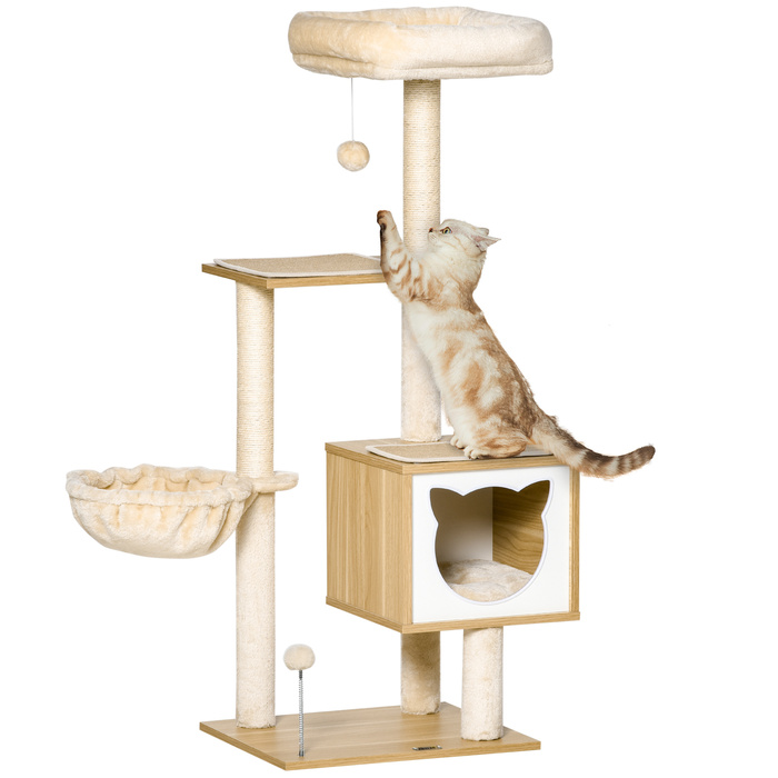 PawHut Cat Tree Бежева котяча печера з платформою висотою 126см з дерева та ДСП Сизаль для кішок