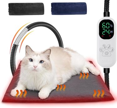 Килимок гріючий для тварин 45x45 см – підігрівальний килимок для собак та котів, 30–60°C, таймер 14 год, захист від перегріву, міцний кабель 1,8 м, 2 знімні чохли, регулювання температури