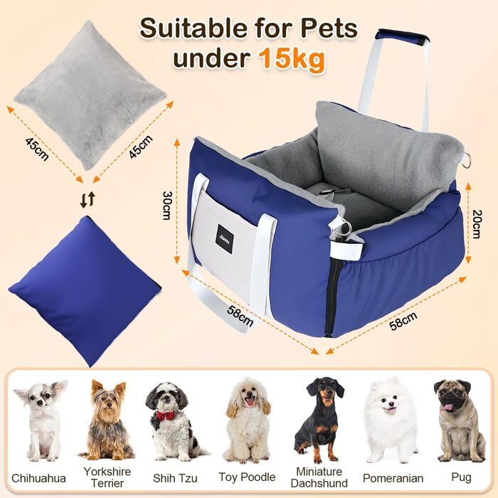 Автомобільний лежак для собак 3-в-1 - переносна ліжко для маленьких собак, з м'яким килимком, для переднього або заднього сидіння, внутрішнє та зовнішнє використання (04-Блакитний)