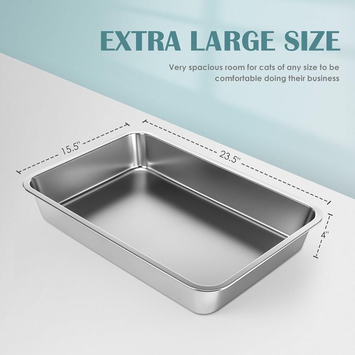 Великий туалет для котів і кроликів IKITCHEN з нержавіючої сталі 60×40×10 см — антипригарна гладка поверхня, не вбирає запахи, легко миється, протиковзка гумова основа, не іржавіє