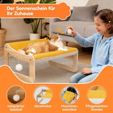 BSWAY Підвищене ліжко-софа для котів з дерева, сонячно-жовтий колір, 53x40 см, стильний котячий стільчик з знімним чохлом для матраца, до 15 кг