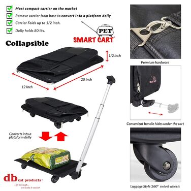 Pet Smart Cart DBEST Products: велика чорна сумка-переноска на колесах для собак та котів, складана, для подорожей, розмір 53x30x30 см