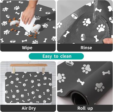 Підкладка для годівлі домашніх тварин – вбираюча підкладка під миски для їжі та води, без плям, швидковисихаюча (темно-сіра, з кількома лапами, 44.5 x 71 см)