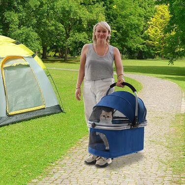 Складаний візок для собак 3-в-1 до 12 кг – Легкий візок для собак з знімним кошиком, регульованою ручкою та повітряпроникним дизайном для маленьких собак та котів (Темно-синій)