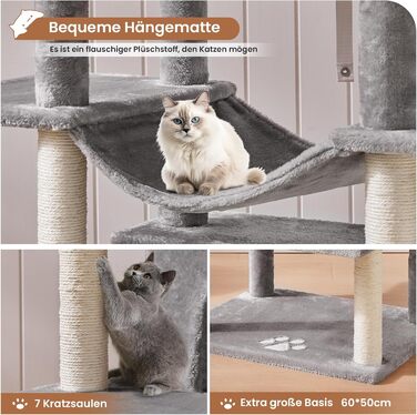 Драбина для котів MSmask XXL, велика та стійка, з 3 оглядовими платформами, з сизалевими стовпчиками, сірого кольору