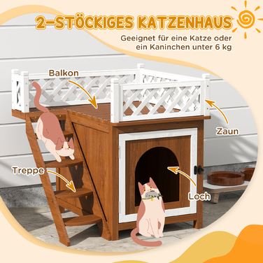 PawHut Cat Cave, Котячий будиночок з ялинового дерева, Котячий будиночок з балконом, Сходи, для кішок, Кролики до 6 кг, Кімнатний, Відкритий 67.5 x 63 x 68.5 см, Коричневий | Аосом