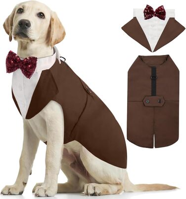 Костюм для собак Kuoser з банданою та краваткою, теплий халат для собак, костюм для цуценят, набір для святкування вечірки, Хелловін, день народження, S-XXL, M-довжина спини: 35 см (L--довжина спини: 42 см, Колір: Коричневий)