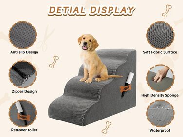 Сходинки для собак та котів ROMROL – 4 сходинки, сірі, з антиковзким покриттям, з м'яким Memory Foam, для захисту суглобів, знімний чохол