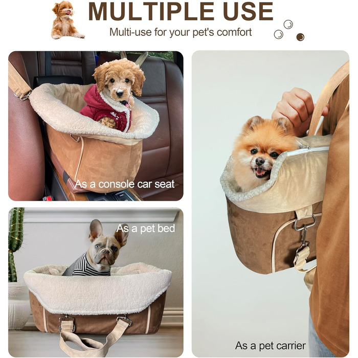 Автокрісло для собак, підходить для маленьких собак до 13,6 кг, з підголівником та безпечним ременем, коричневе, з кишеньками для зберігання