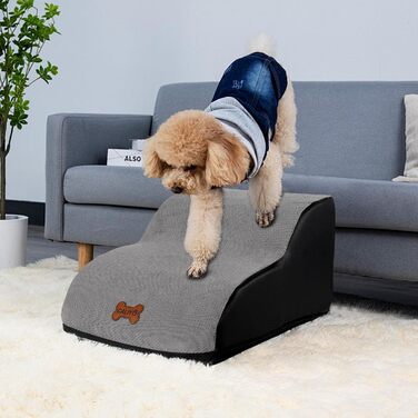 Сходинки для собак Caliyo, 2 сходинки, сірі. Для маленьких собак та котів, 26 см заввишки, з миючим покриттям та протиковзкою основою. Підходять для ліжка, дивану та автомобіля (55×40×26см)