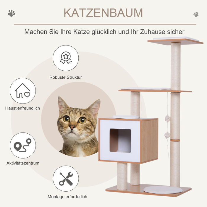 PawHut Cat Tree Натуральне дерево з оббивкою Cat Cave Сизалева колона Лежача поверхня Ігрове дерево для кішок 71,5 x 49,5 x 120 см