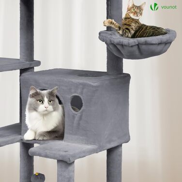 Двоповерховий котячий будиночок Vounot XXL (215 см), стійкий котячий комплекс з гамаком, корзиною та шматочками для дряпання, сірий