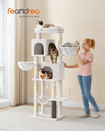Котячий комплекс Feandrea 175 см XL, багаторівневий, кремовий, з 2 будиночками, 2 гамаком, 5 стовпчиками-кігтеточками, щіткою та великою платформою