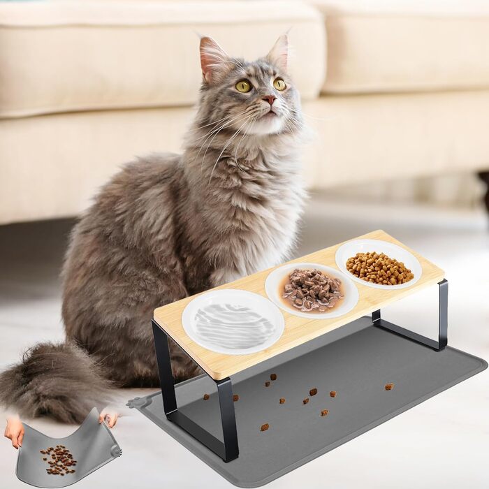 Набір мисок для котів 3 шт. з підставкою, кераміка, підняті миски, антиковзаюча підставка, для котів та маленьких собак