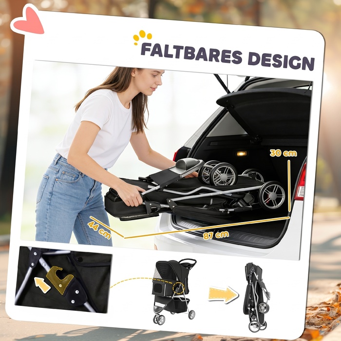 Складаний візок для собак (buggy) з кошиком, подушкою, сітчастим вікном та підстаканником для малих порід до 10 кг, чорний