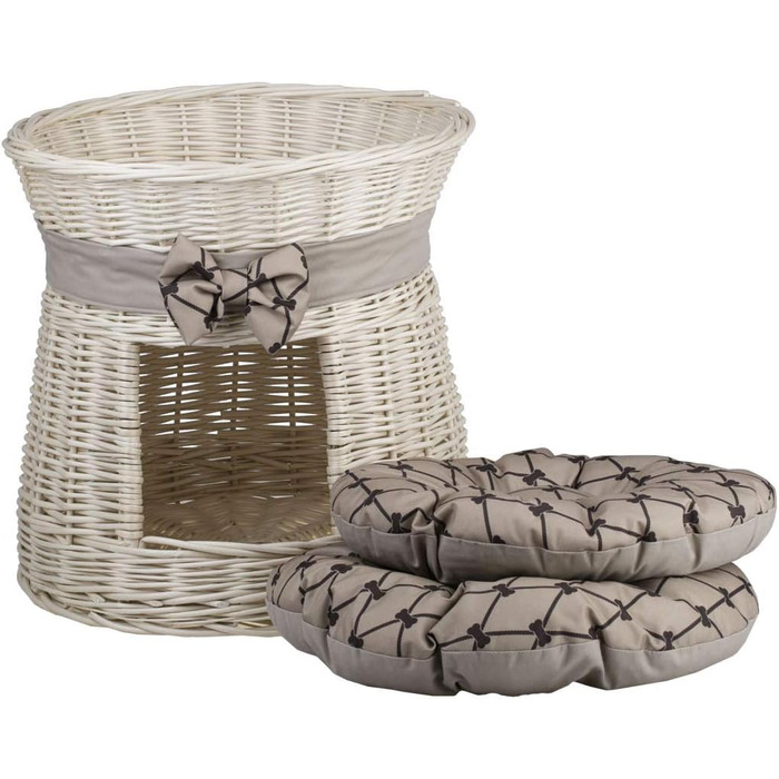 Кругла котяча хатинка e-wicker24 з плетеної лози, двоярусна, з подушкою та стрічкою, котячий турнік (кремово-бежевий)