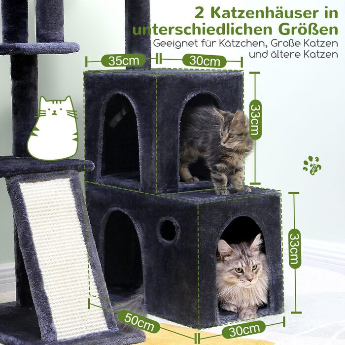 Дерево для котів Globlazer з міцною основою, 2 будиночки, поворотний на 90°, платформа з м'яким покриттям, когтеточка з сизалю, іграшки для котів, велике дерево для котів, дорослих котів та кошенят (XL, темно-сірий)