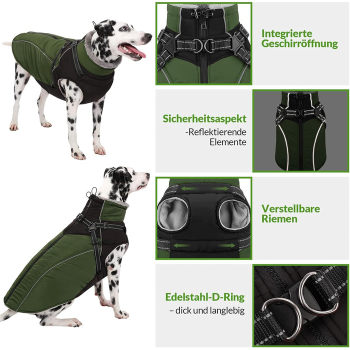 Зимовий теплий одяг для собак Konvinit: куртка з флісу з кріпленням для повідка, світловідбиваюча, для середніх собак, розмір M (53 см обхват грудей), колір зелений