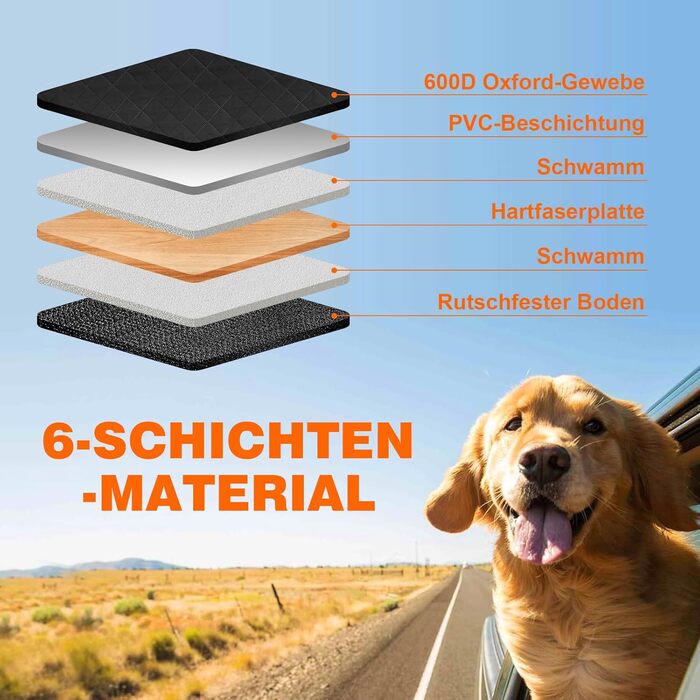 Килимок для собак у машину Neccis з знімною жорсткою основою, 136 x 61 см. Максимальне навантаження 150 кг, водонепроникний та стійкий до подряпин. Підходить для 95% легкових автомобілів, позашляховиків та вантажівок. Чорний+Помаранчевий.