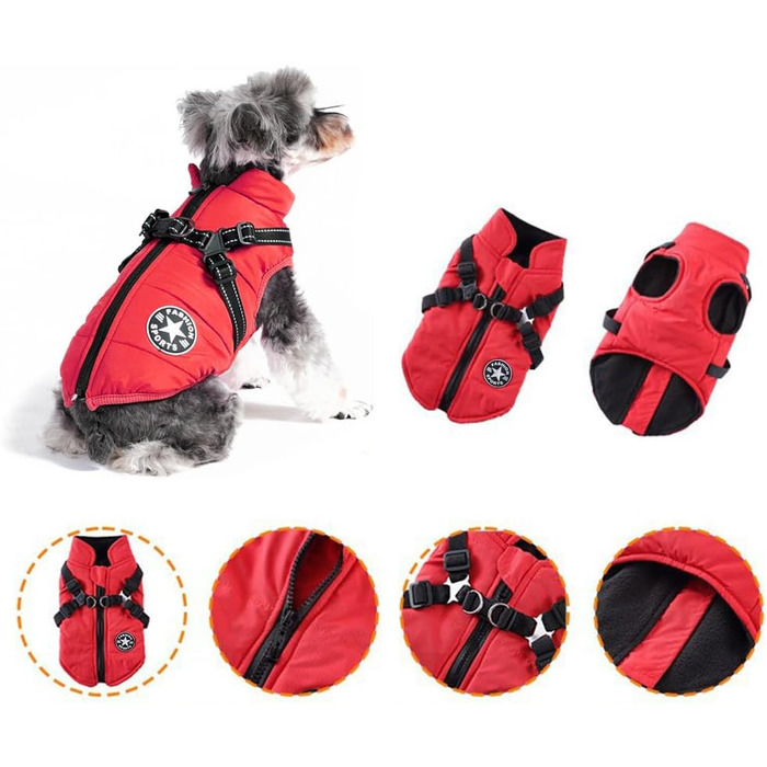 Водонепроникна куртка для собак середнього розміру на зиму. Тепла, з підкладкою, з грудним ременем, світловідбиваюча, без рукавів, з шлейкою, червона M