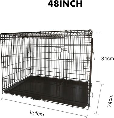 Клітка для собак металева 121×60×43 см, складана, 2 двері, транспортна переноска з піддоном для авто, XX-Large