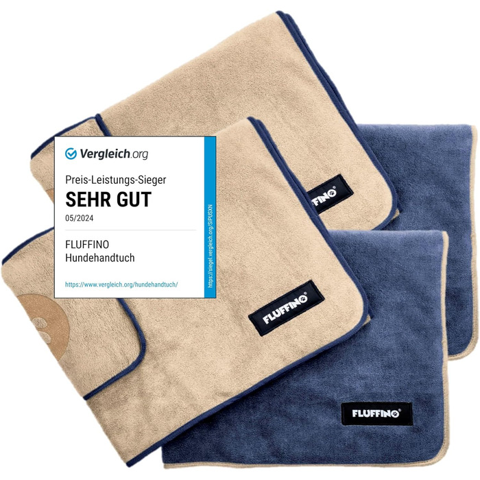 Рушники для собак 2 шт. - 90x50 см та 120x70 см - мікрофібра, швидковисихаючі, надзвичайно поглинаючі | Можна прати при 60°C, для маленьких та середніх собак, сірий та зелений (блакитний та бежевий)